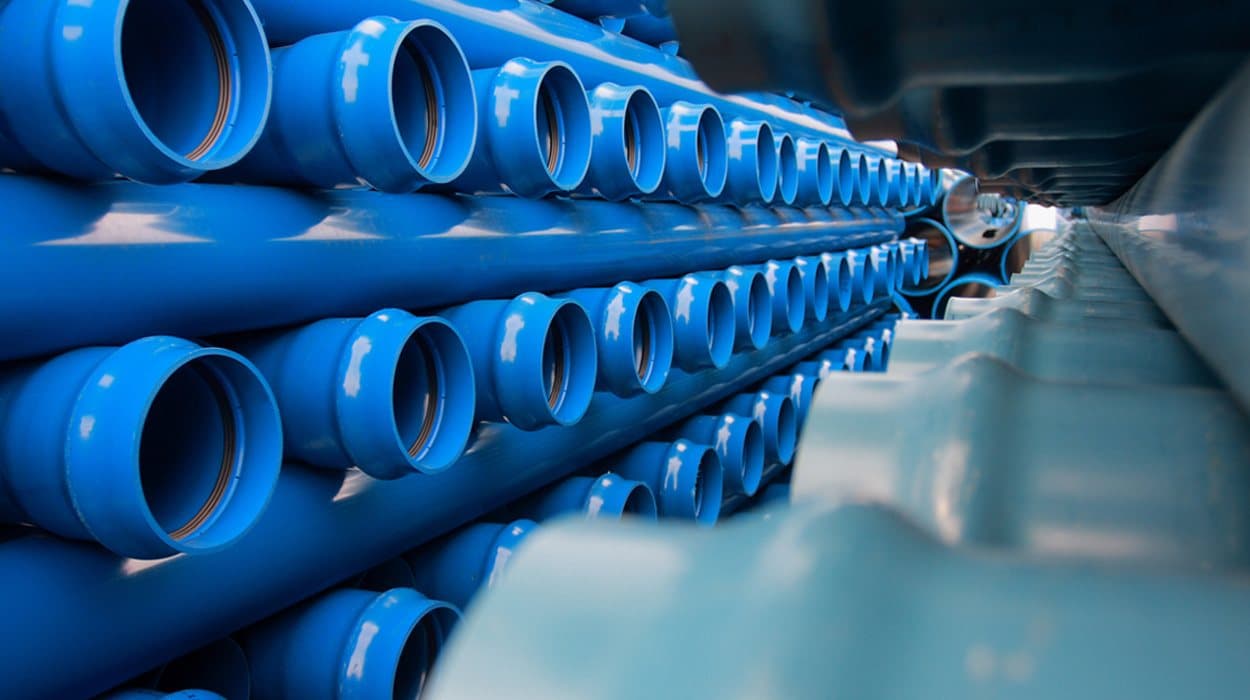 Stacked blue uPVC pressure pipes with integral sockets